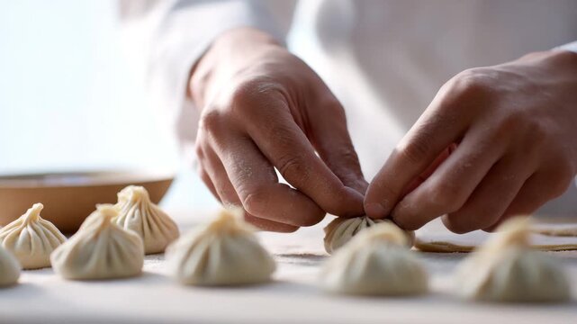 A chef meticulously preparing dumplings. The hands expertly fold the dough, creating delicious treats