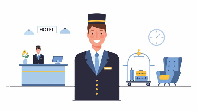 Cartoon hotel scene showing staff with luggage, chair, and a clock