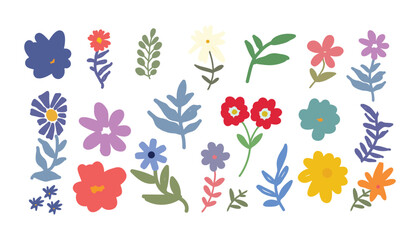 Colorful Set of Wildflowers and Leaves Hand Drawn Botanical Collection.