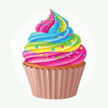 Colorful illustrated cupcake with rainbow frosting and sprinkles, in a paper liner