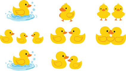 Collection of cute yellow cartoon ducklings and ducks with water splashes baby chick © MDBENJIR
