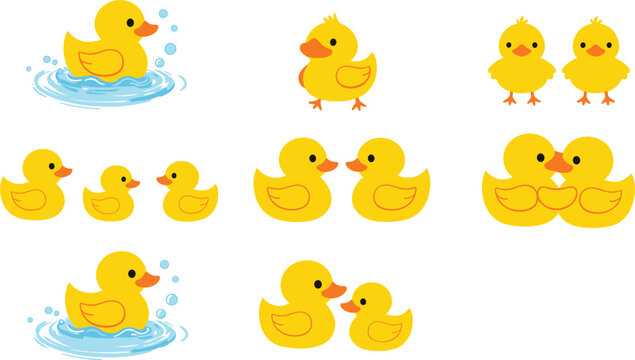 Collection of cute yellow cartoon ducklings and ducks with water splashes baby chick