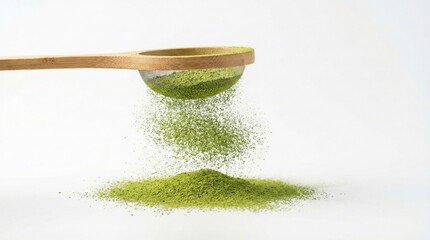 Green matcha powder sifting through fine bamboo sieve against white background,concept of purity,tradition,nutrition and Japanese tea culture