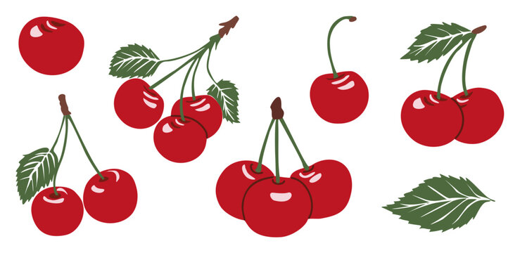 Set of glossy red cherries with green leaves, arranged in natural clusters. Clean vector illustration isolated on atransparent background in a minimalist style.