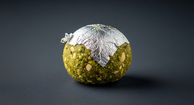 A Bhang Ladoo (Festive Sweet) Garnished with Edible Silver Leaf on a Dark Mystic Grey Background