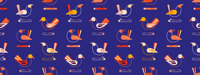 Obraz premium Seamless pattern with cute birds sitting on branches. Hand drawn autumn background with leaves, branches. Retro pattern with geometric birds, vector illustration