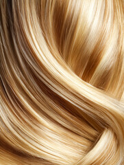 Fototapeta premium Smooth flowing strands of shiny golden blonde hair intertwined in an elegant and silky texture with natural highlights and soft light reflections