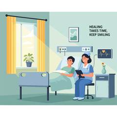Cartoon illustration of a hospital room with a patient and a nurse