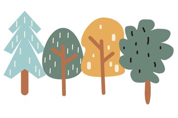 Collection of Illustrated Green Trees in Various Artistic Styles, Representing N4ature, Growth, and Environment, with Soft Cartoon Design and Natural Colors Suitable for Education, 