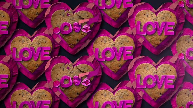 A patterned background of stop motion style collage love hearts in a looping background.
