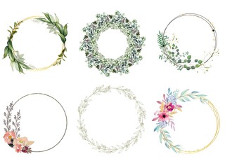 Elegant Floral Circular Frames Set with Botanical Leaves Soft Watercolor Design