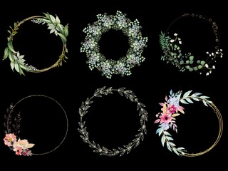 Luxury Floral Circular Frames Set on Black Background Elegant Botanical Design