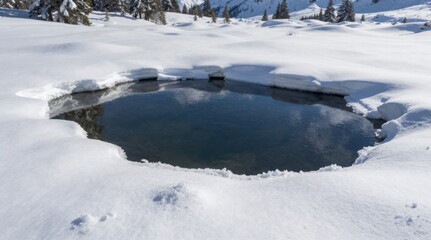 Obraz premium Serene Winter Landscape: Open Water Surrounded by Snow and Distant Evergreen Trees