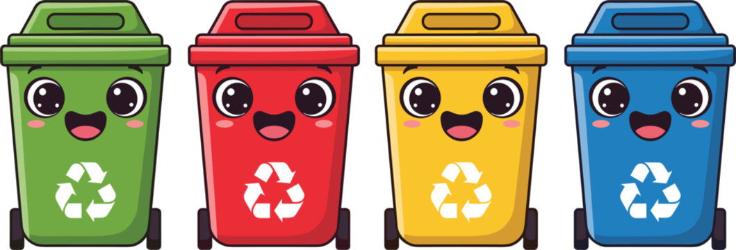 Four cute cartoon recycling bins with happy faces and recycling symbols Keywords: recycling, bins, trash cans, garbage cans