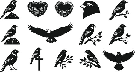 Obraz premium Bird silhouette collection featuring flying eagle, songbirds on branches, nests, sparrow icons, and avian nature elements for wildlife, environment, and outdoor decorative vector designs