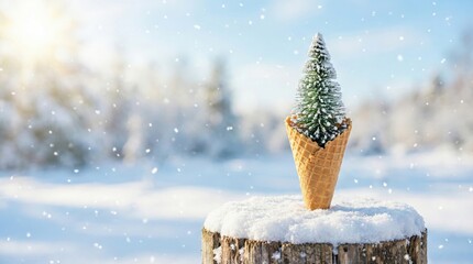 Creative winter concept with a snowy tree placed in an ice cream cone,combining festive holiday and seasonal imagination with surreal visual style