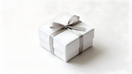 Obraz premium Simple elegant white gift box with soft gray ribbon on clean background perfect for celebration special occasion minimalistic present and luxury themes