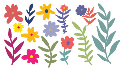 Colorful Set of Wildflowers and Leaves Hand Drawn Botanical Collection.