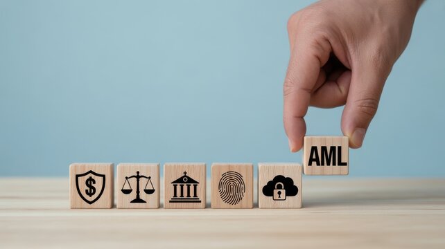 Anti-Money Laundering AML concept with wooden blocks showing icons of law finance and security