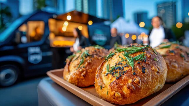 Fresh artisan bread rolls with rosemary on a wooden tray at a food truck market with city bokeh lights