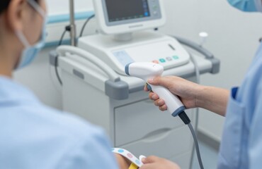 Medical professional utilizes a handheld electronic diagnostic device near sophisticated patient monitoring equipment in a sterile clinic environment.