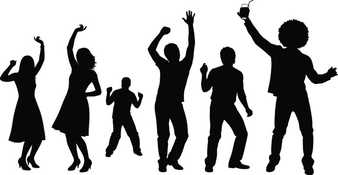 Black silhouettes of happy people dancing at a party, diverse crowd celebrating with music and drinks, vector illustration for nightclub disco event posters,
