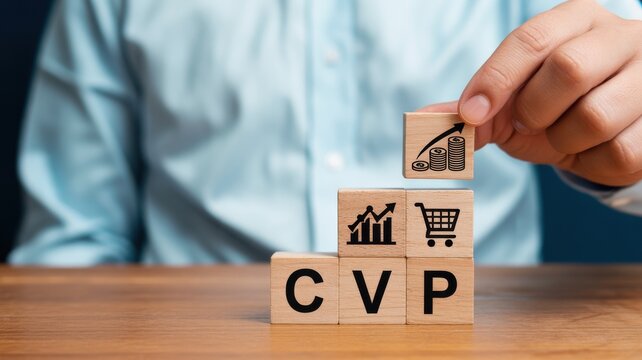 Businessman arranging wooden blocks with CVP letters and growth icons for cost volume profit analysis