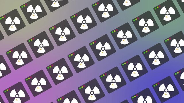 Seamless cybersecurity pattern with radiation hazard icons in browser windows. Digital system warning banner with repeating radioactive symbols on a gradient background animation. Data risk backdrop.