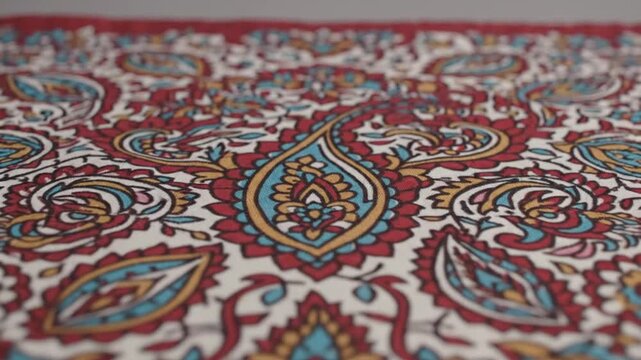 Close-up of colorful intricate paisley pattern on red textile