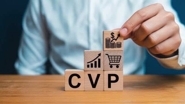 Business professional hand stacking wooden blocks with CVP text and financial symbols representing cost volume profit analysis