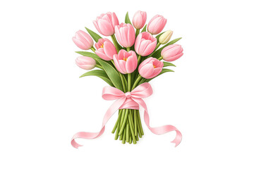 Fototapeta premium Beautiful bouquet of pink tulips tied with ribbon on transparent background for spring decoration