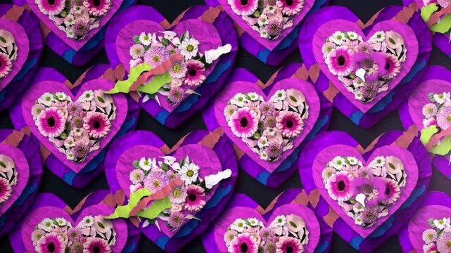 A patterned background of stop motion style collage love hearts in a looping background.
