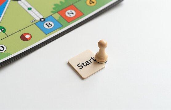 Wooden pawn game piece standing on a 'Start' tile, symbolizing the beginning of a strategic journey, challenge, or new project.