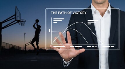 Business success path concept with man in suit analyzing victory curve data,overlay of basketball scene symbolizing strategy,performance and goal achievement
