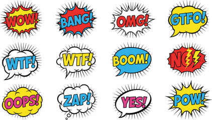 Twelve comic book style speech bubbles with various exclamations and sound effects Keywords: comic, speech bubble, explosion © MDBENJIR