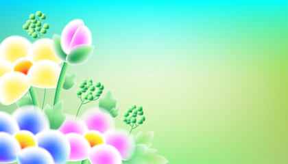 A spring or summer green background with blurred flowers and leaves. A soft gradient of green and yellow. An abstract background of natural colors for posters, packaging and fresh seasonal layouts