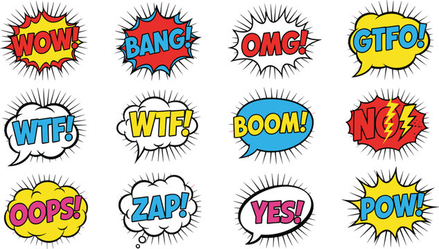 Twelve comic book style speech bubbles with various exclamations and sound effects Keywords: comic, speech bubble, explosion