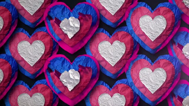 A patterned background of stop motion style collage love hearts in a looping background.
