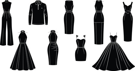 Fototapeta premium Black vector silhouette set of elegant formal dresses and evening gowns for concepts of fashion design apparel style and branding