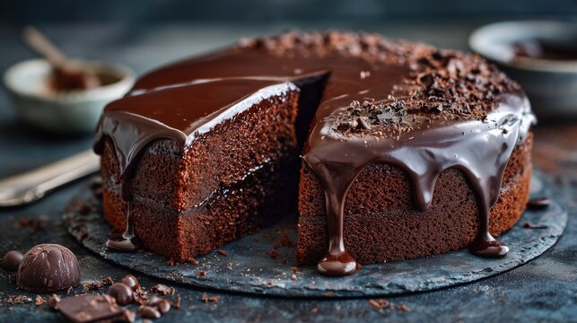 extra realistic chocolate cake close up with rich ganache dessert