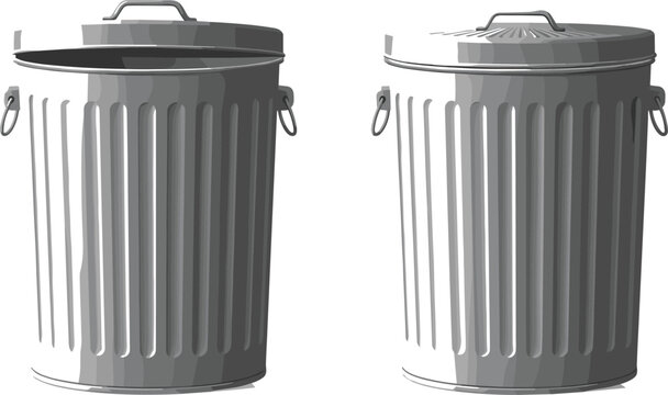 Two realistic metal trash cans with lids on a white background Keywords: trash can, garbage can, bin, waste bin, container