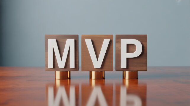 Wooden blocks with MVP letters standing on a polished table with reflection