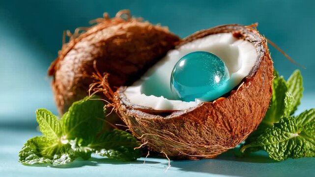 Split coconut with mint leaves holding a small glass globe, eco sustainability and tropical wellness concept on blue background