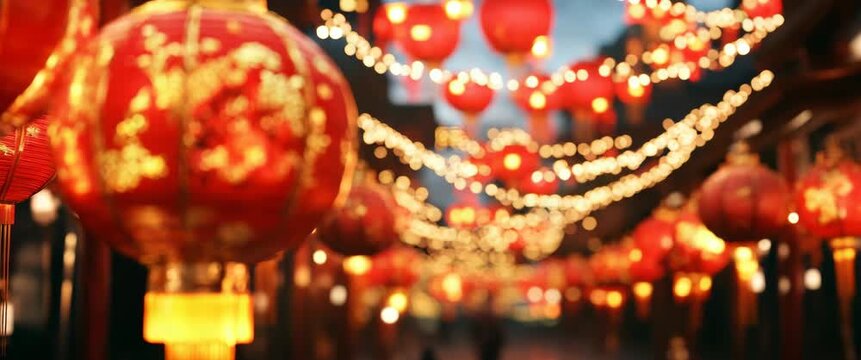 Vibrant red traditional Asian lanterns and glowing string lights illuminate a festive scene, capturing the essence of Lunar New Year celebrations and holiday spirit