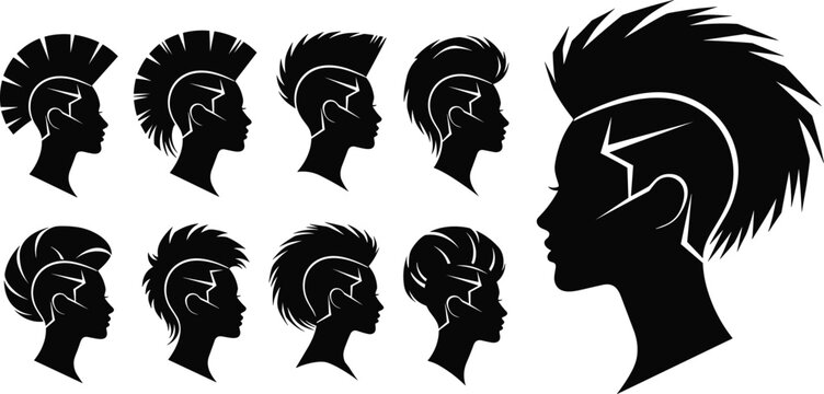 Black vector silhouette set of female heads with punk mohawk hairstyles for beauty salon hair care subculture fashion and,