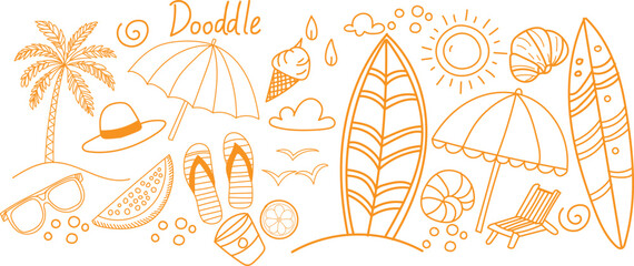 Naklejka premium Charming hand drawn doodle collection representing summer beach vacation activities