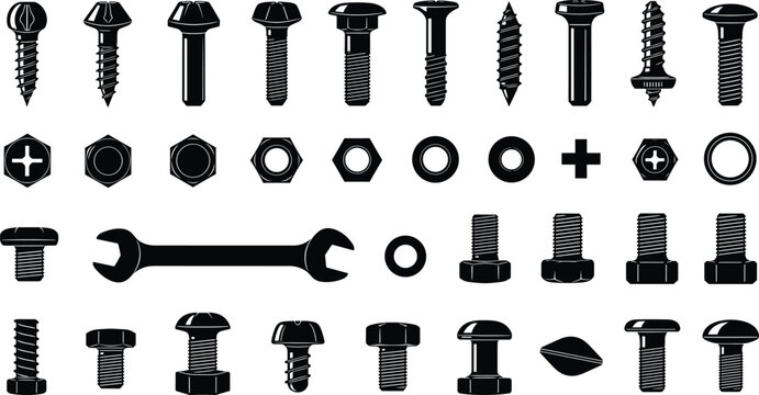 Black vector silhouette set of industrial fasteners including screws bolts nuts washers and a wrench for hardware store branding construction and engineering