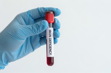 Fototapeta premium Hand in blue protective glove holding a blood test tube indicating Iron Deficiency diagnosis on a clean white laboratory background