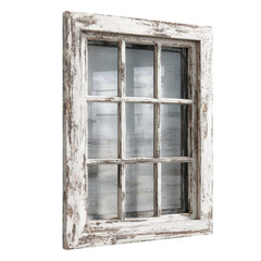 Weathered rustic wooden window frame with glass panes isolated on Transparent Background