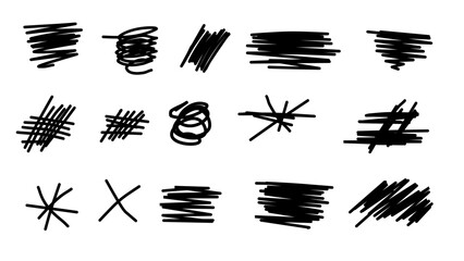 Fototapeta premium collection of black ink scribbles and messy crosshatch marks on white surface